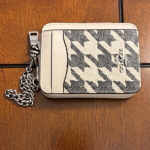 Coach Black and Cream Houndstooth Card Holder with Chain